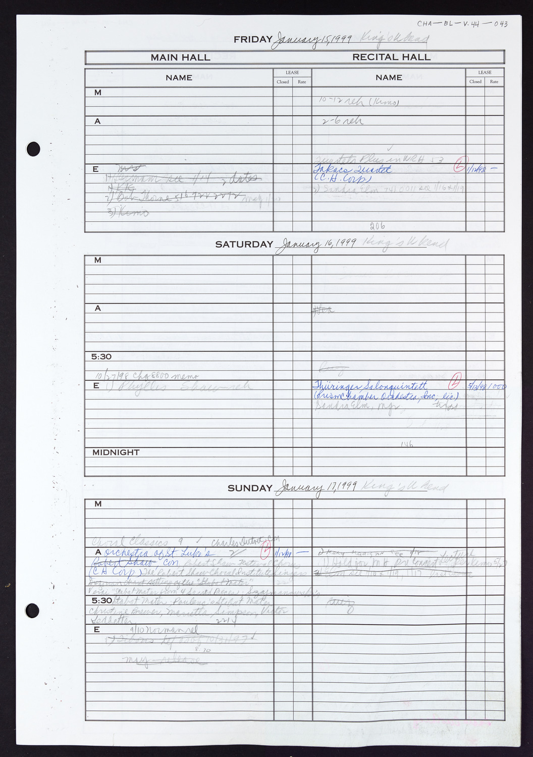 Carnegie Hall Booking Ledger, volume 44, page 43