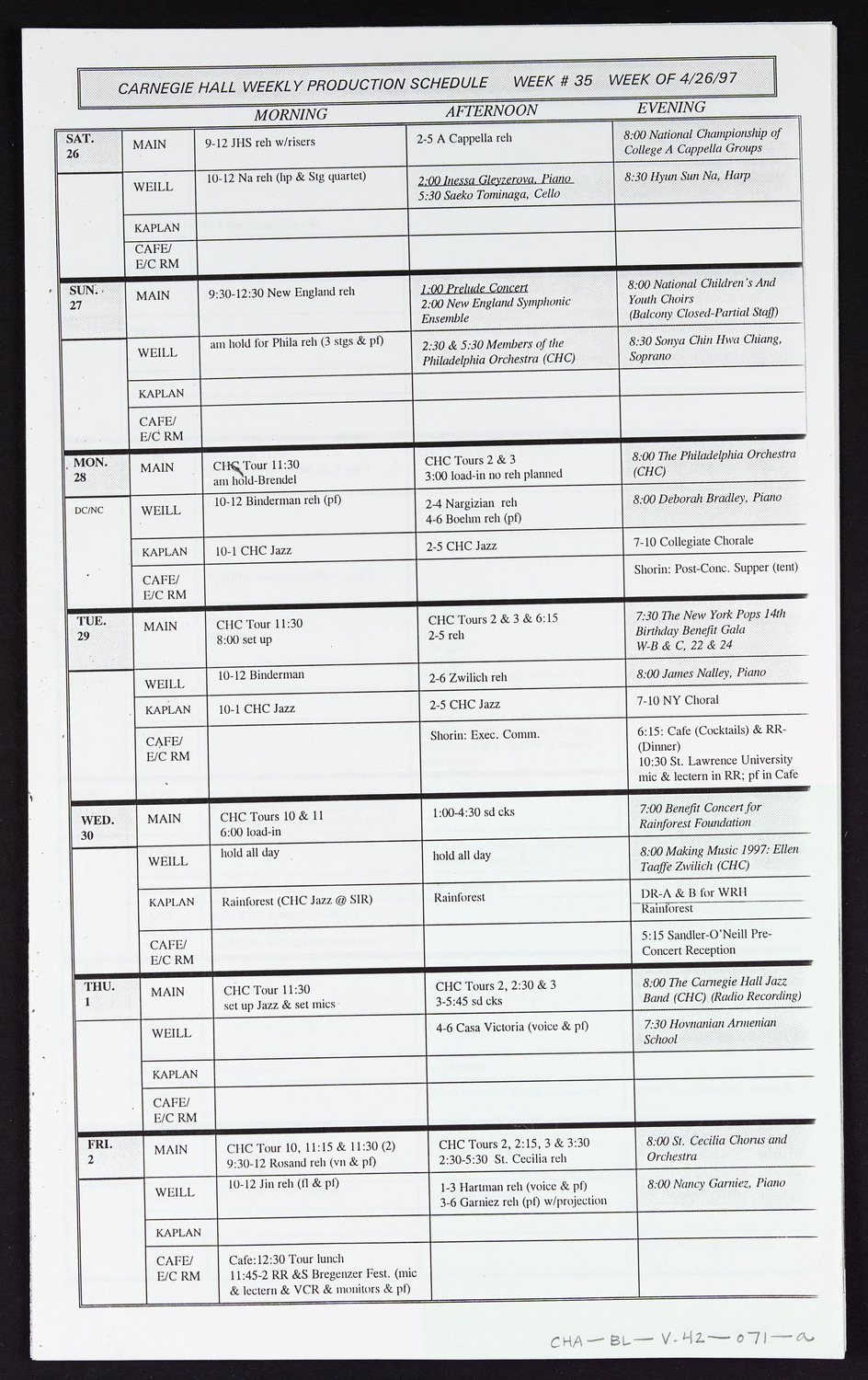 Carnegie Hall Booking Ledger, volume 42, page 71a