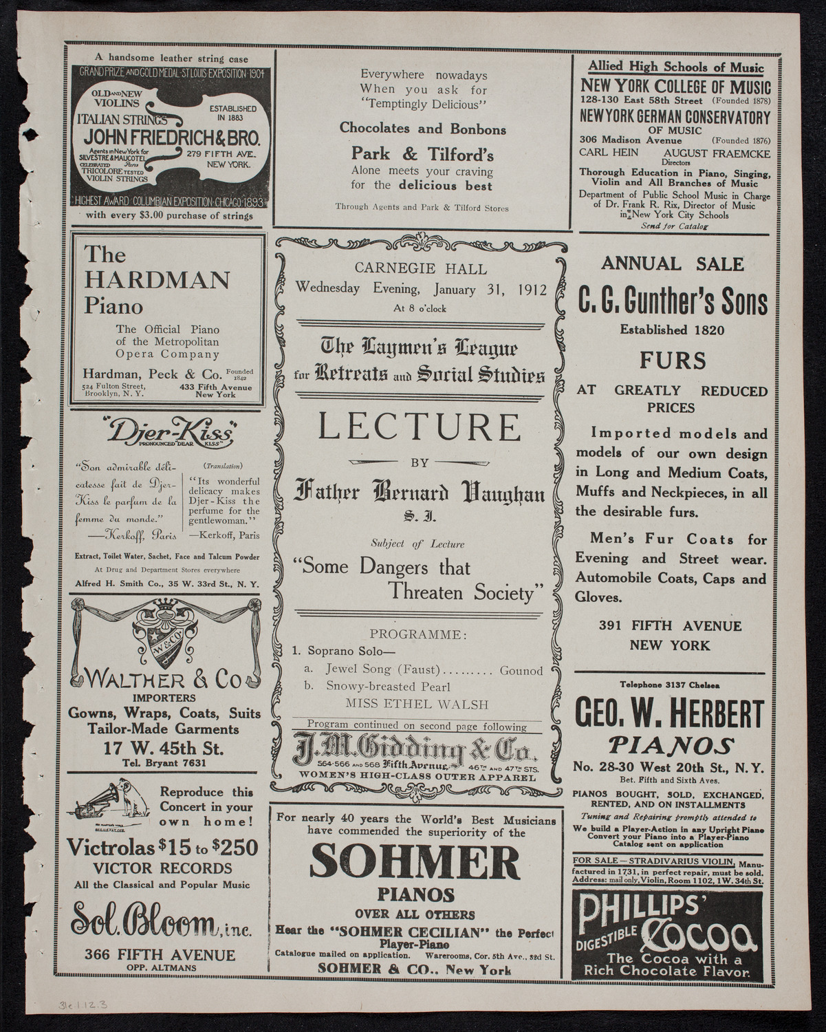 Lecture by Father Bernard Vaughan, January 31, 1912, program page 5