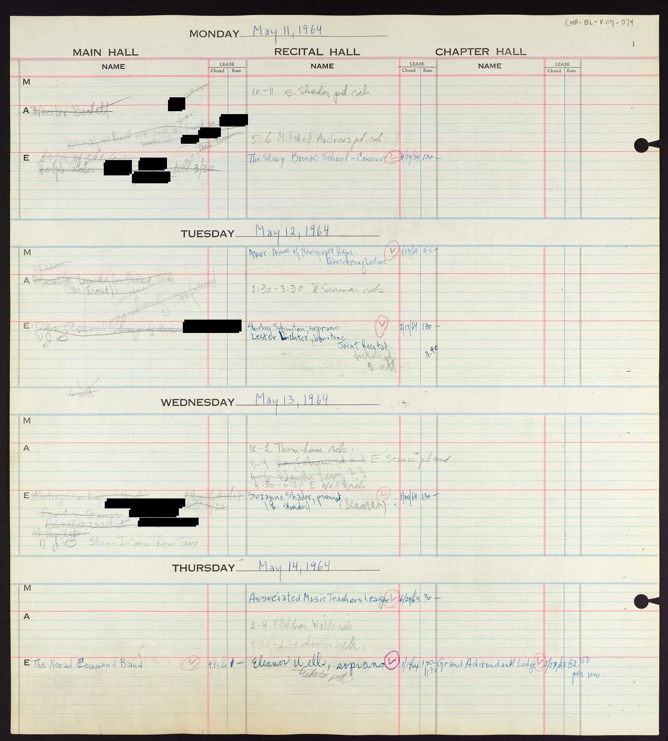 Carnegie Hall Booking Ledger, volume 9, page 74