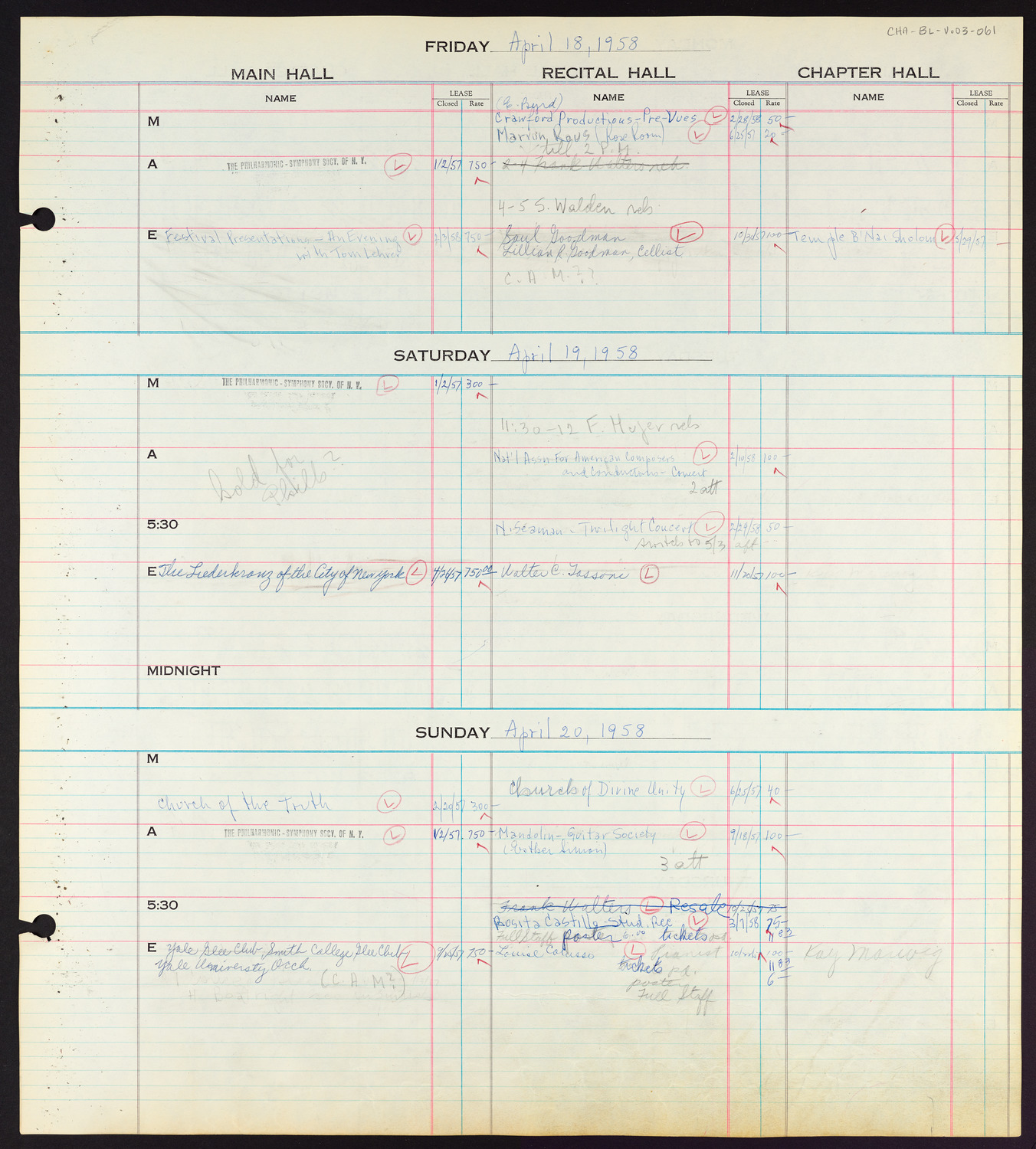 Carnegie Hall Booking Ledger, volume 3, page 61