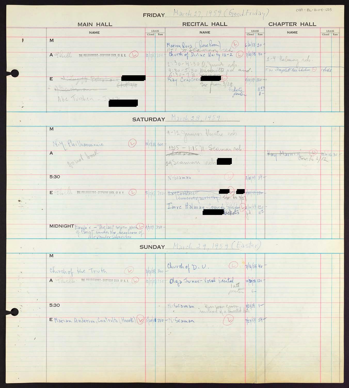 Carnegie Hall Booking Ledger, volume 4, page 53