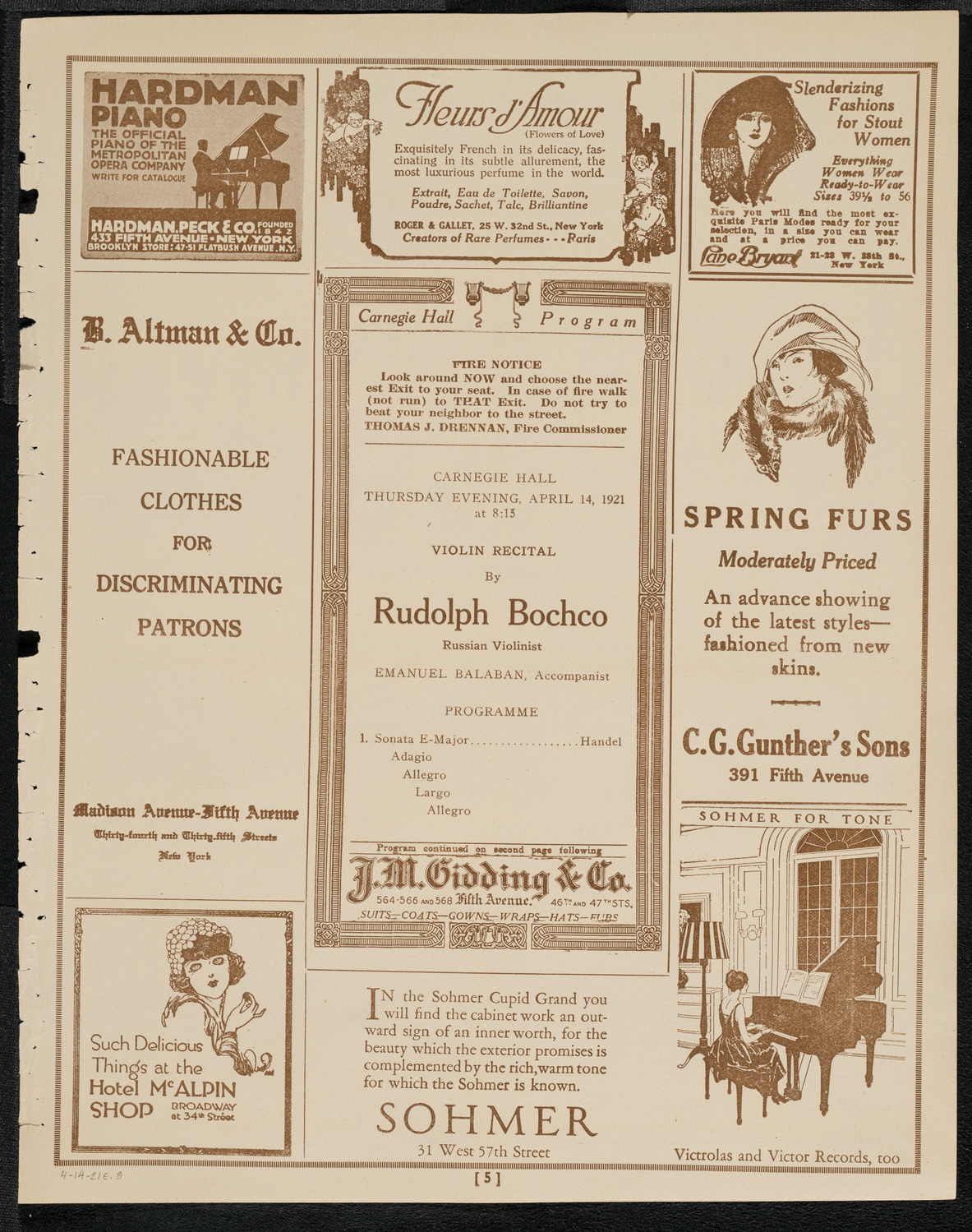 Rudolph Bochco, Violin, April 14, 1921, program page 5
