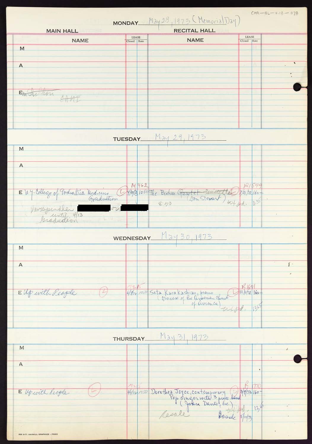 Carnegie Hall Booking Ledger, volume 18, page 78