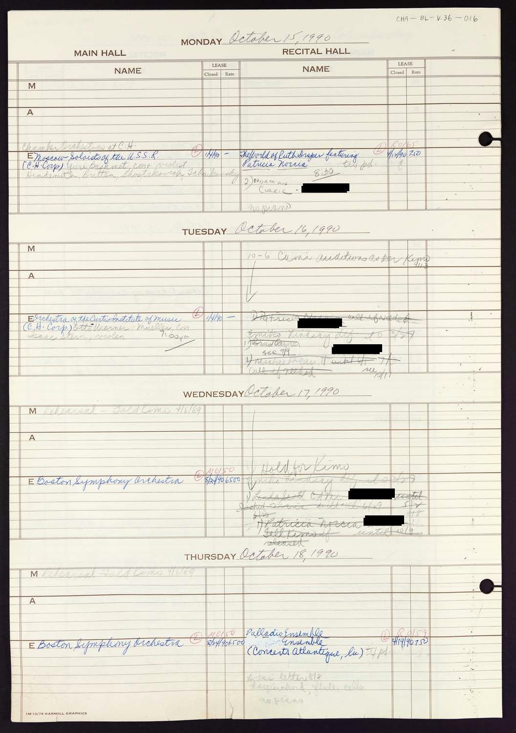 Carnegie Hall Booking Ledger, volume 36, page 16