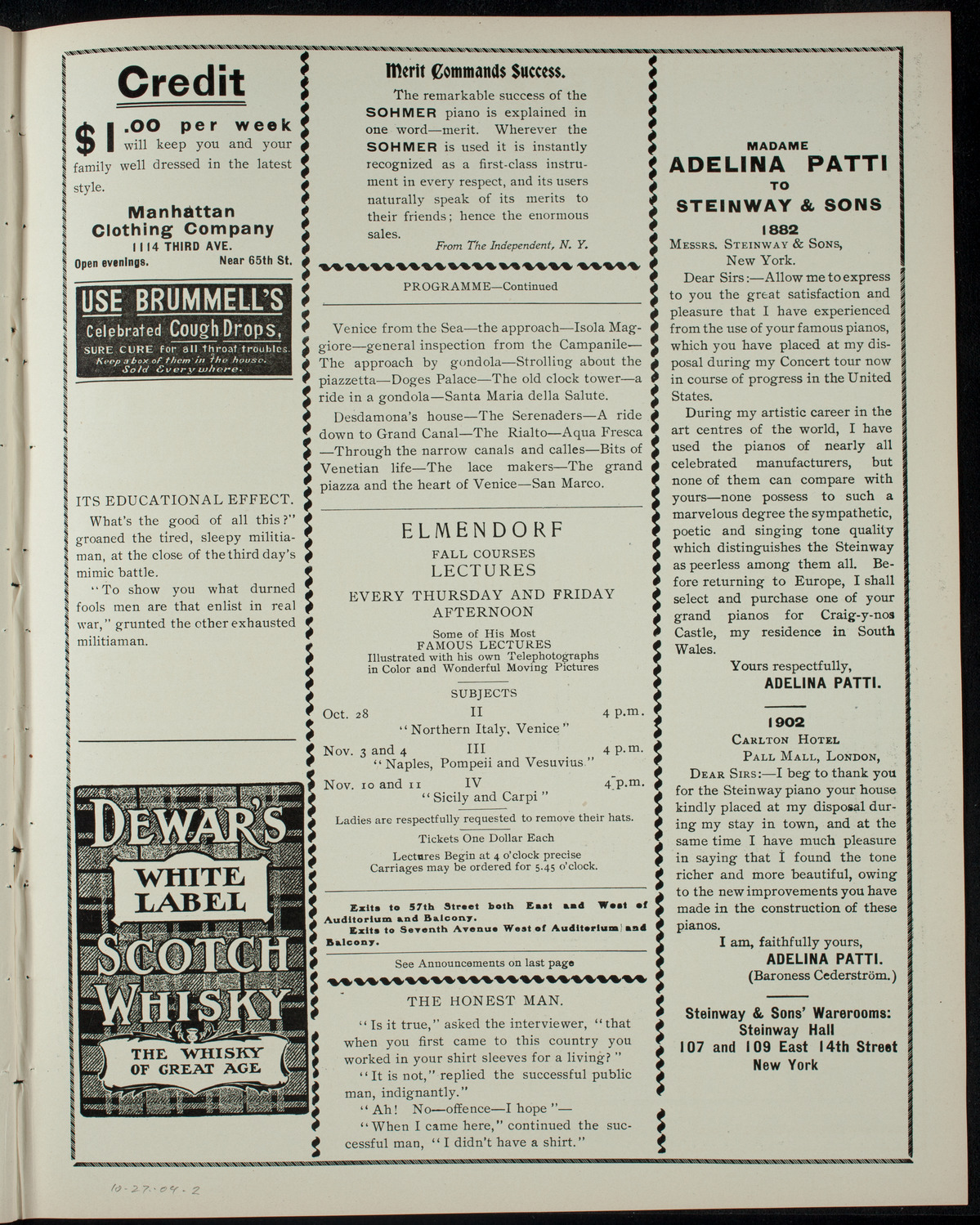 Elmendorf Lecture: Northern Italy from Genoa to Venice, October 27, 1904, program page 3