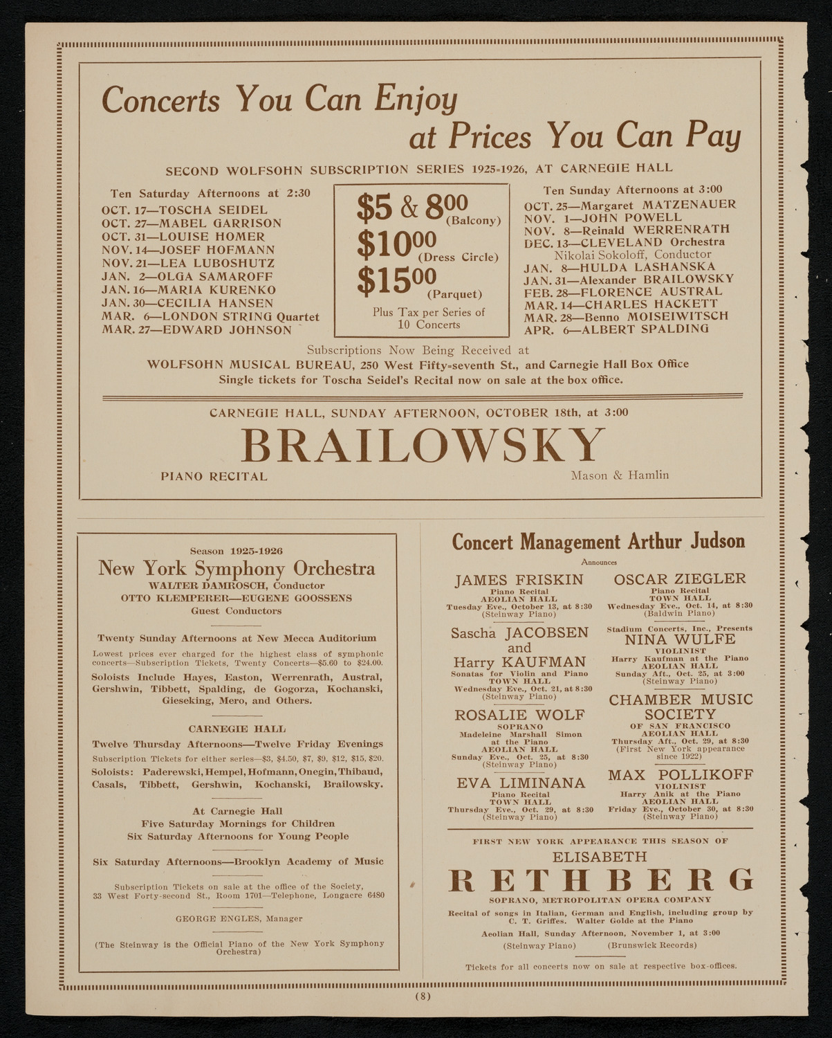 Toscha Seidel, Violin, October 17, 1925, program page 8