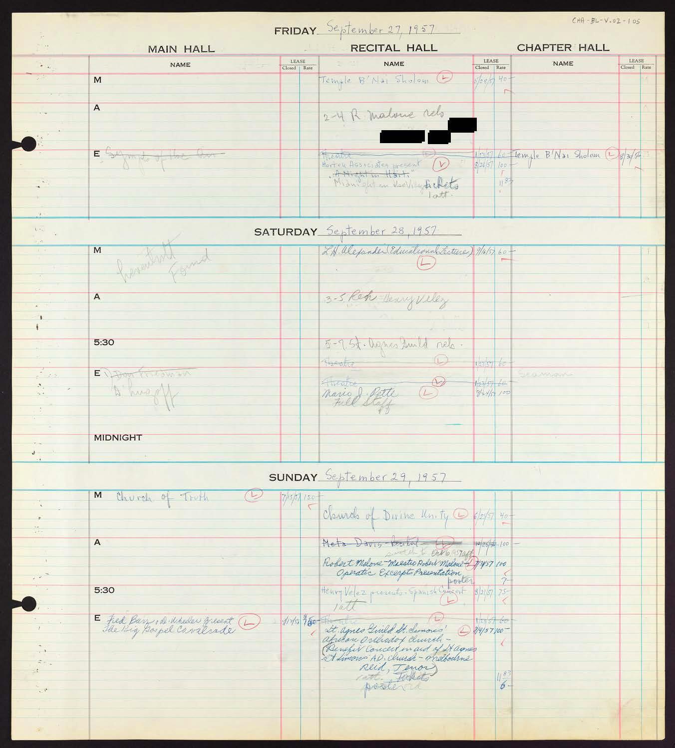 Carnegie Hall Booking Ledger, volume 2, page 105