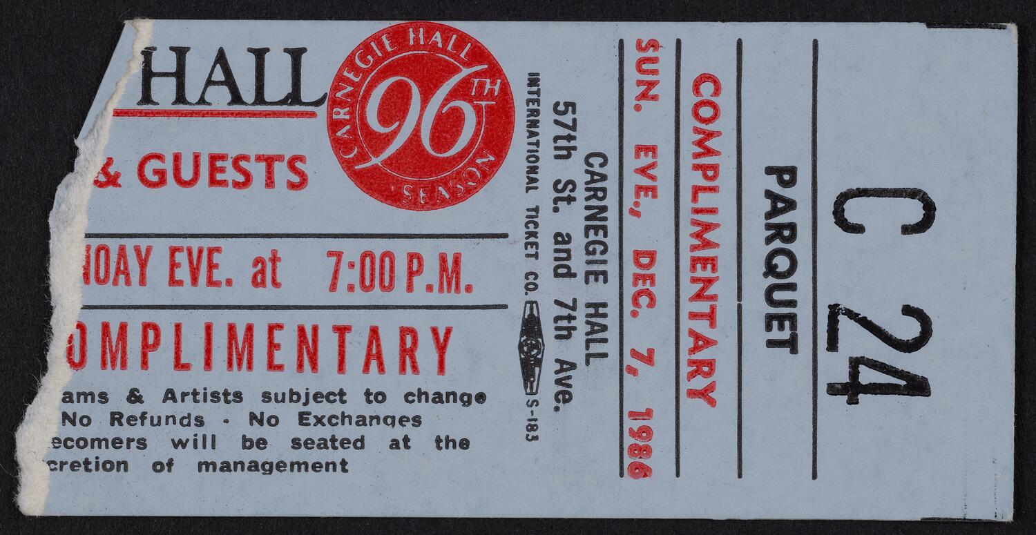 Ticket for Empire Brass, December 7, 1986 (front)