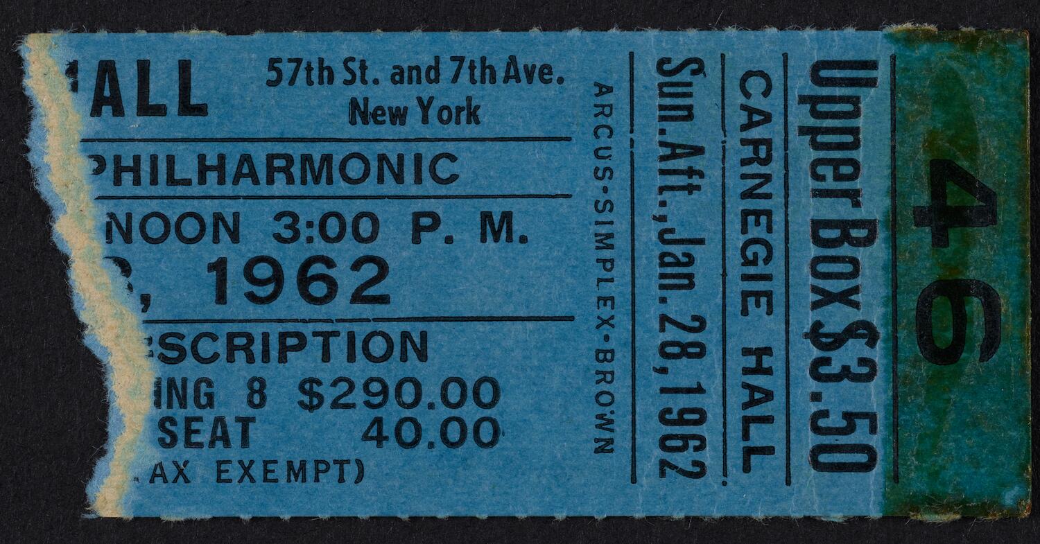 Ticket for New York Philharmonic, January 28, 1962 (front)