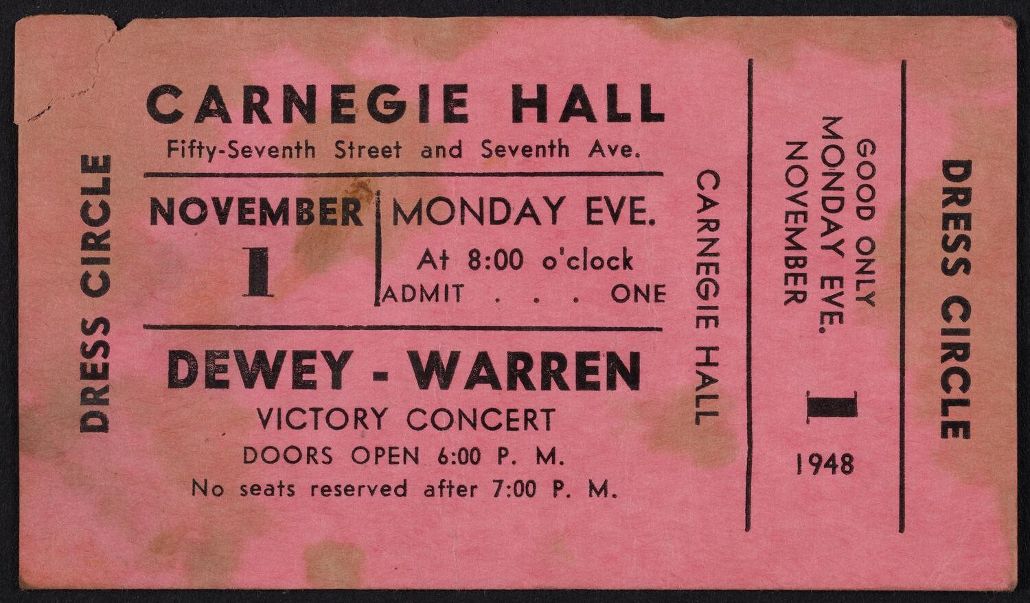 Ticket for Dewey-Warren Victory Concert, November 1, 1948 (front)