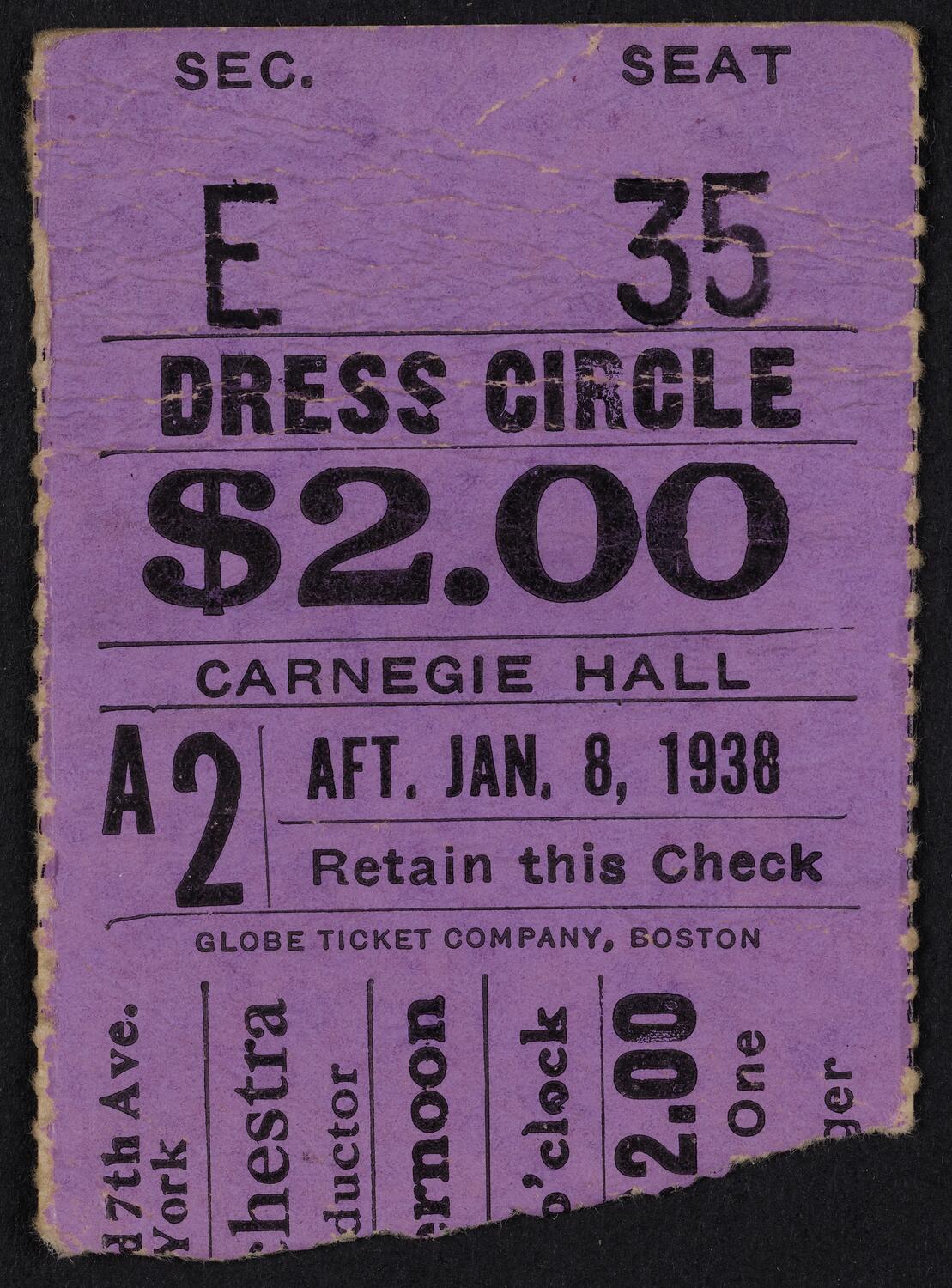Ticket for Boston Symphony Orchestra, January 8, 1938 (front)