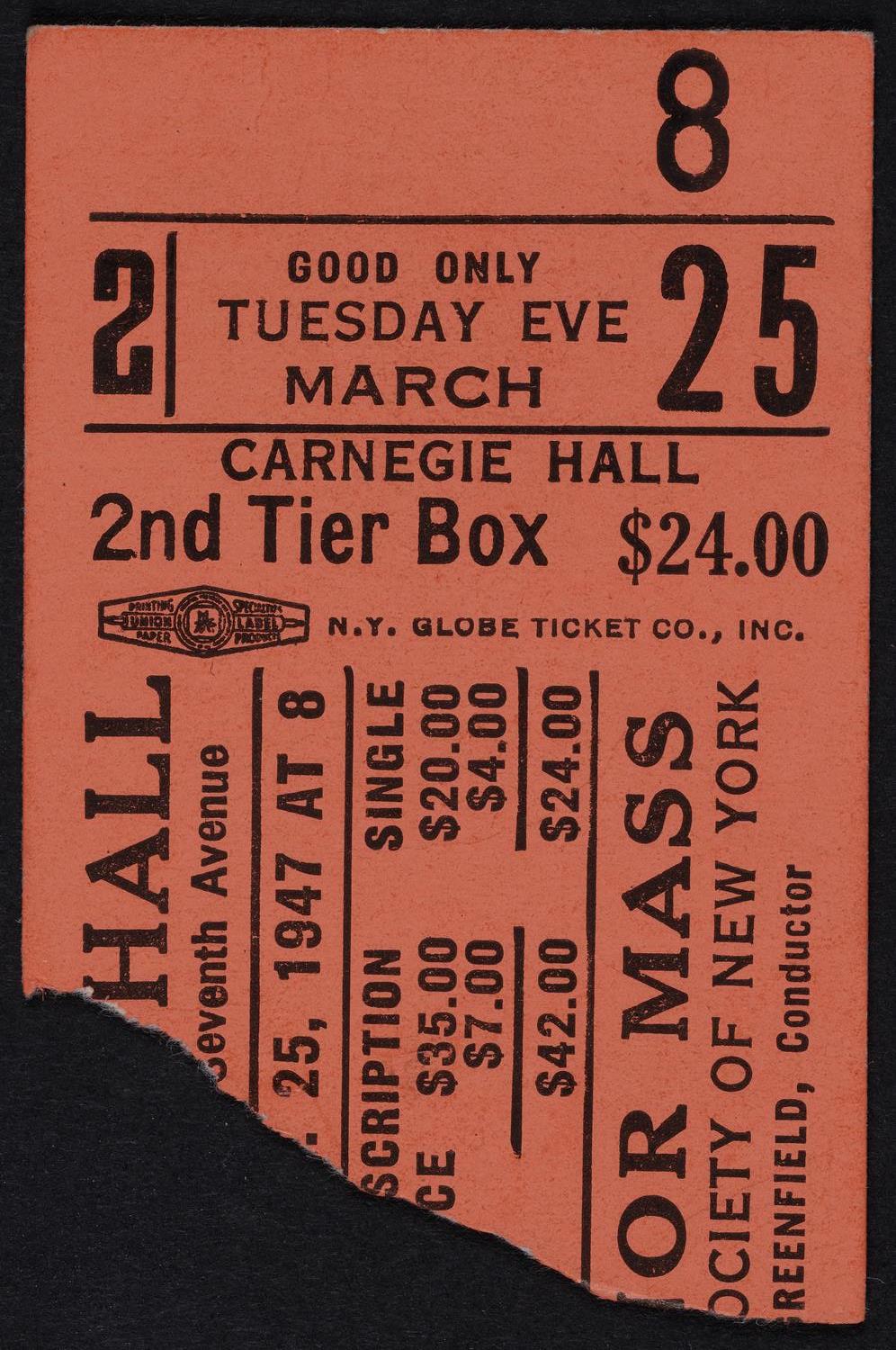Ticket for Oratorio Society of New York, March 25, 1947 (front)