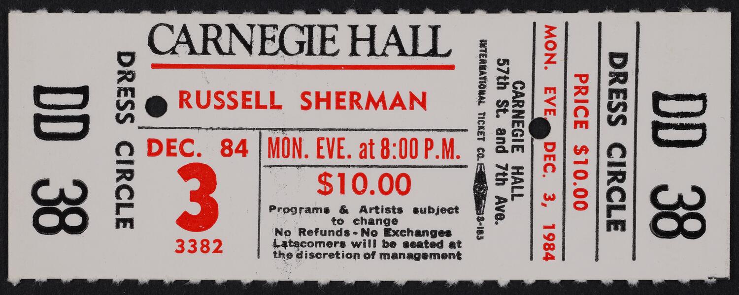 Ticket for Russell Sherman, December 3, 1984 (front)