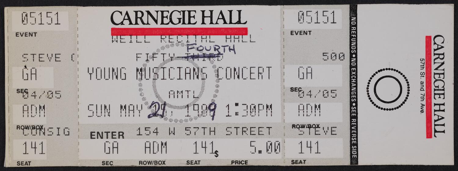 Ticket for Young Musicians Concert, May 21, 1989 (front)