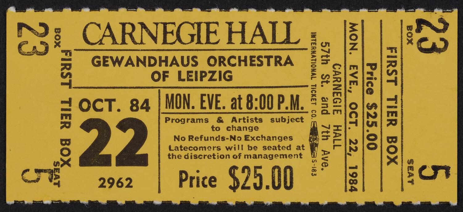 Ticket for Gewandhaus Orchestra of Leipzig, October 22, 1984 (front)