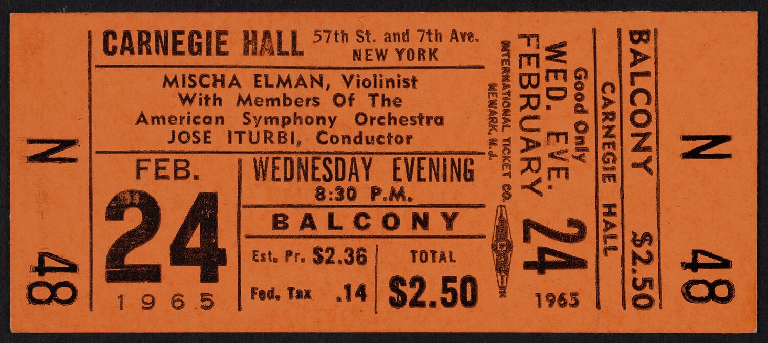 Ticket for Mischa Elman with members of the American Symphony Orchestra, February 24, 1965 (front)