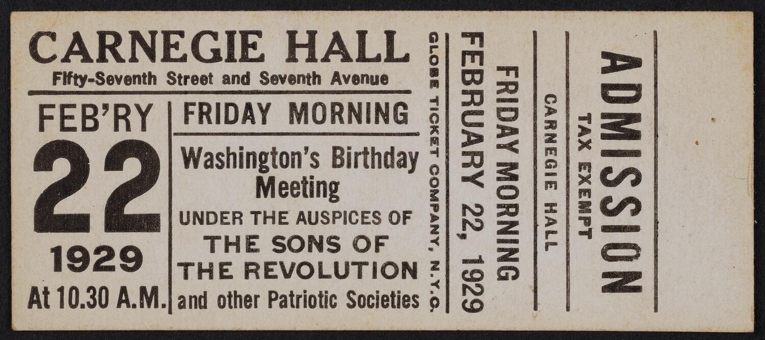 Ticket for Washington's Birthday Celebration, February 22, 1929 (front)