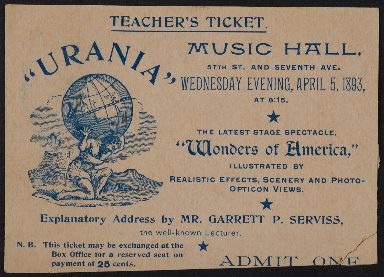 Teacher's Ticket for Urania: Wonders of America, April 5, 1893 (front)