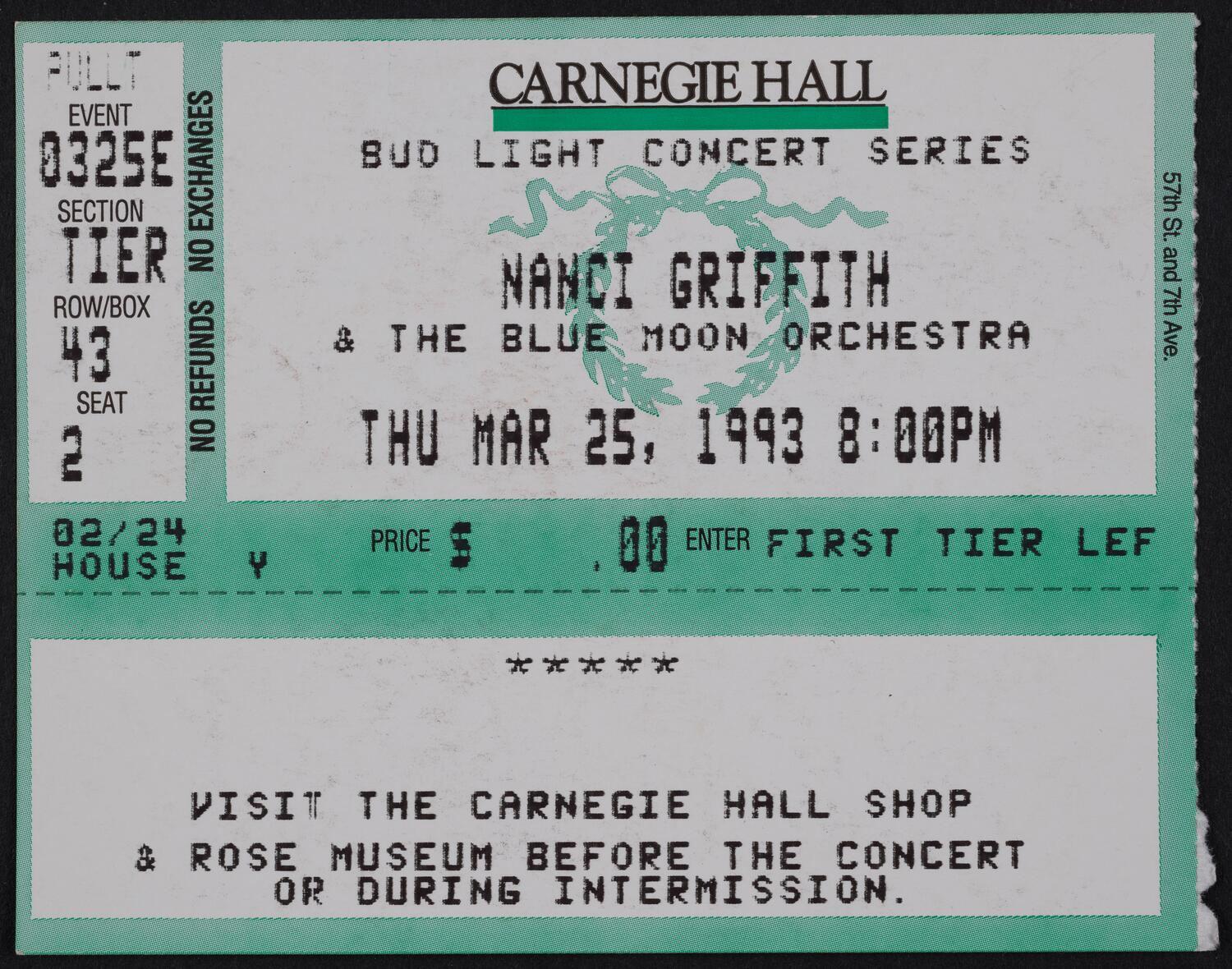 Ticket for Nanci Griffith & The Blue Moon Orchestra, March 25, 1993 (front)