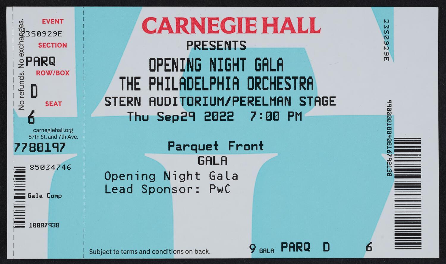Ticket for Opening Night Gala: The Philadelphia Orchestra, September 29, 2022 (front)