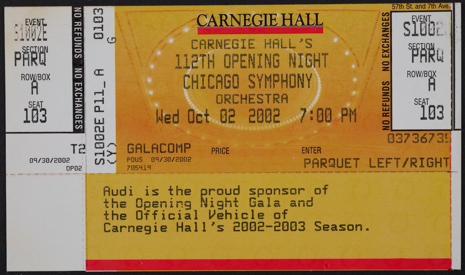 Ticket for Carnegie Hall's 112th Opening Night: Chicago Symphony Orchestra, October 2, 2002 (front)