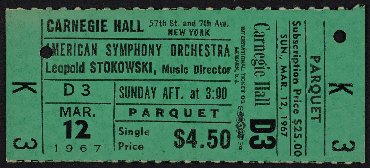 Ticket for American Symphony Orchestra, March 12, 1967 (front)