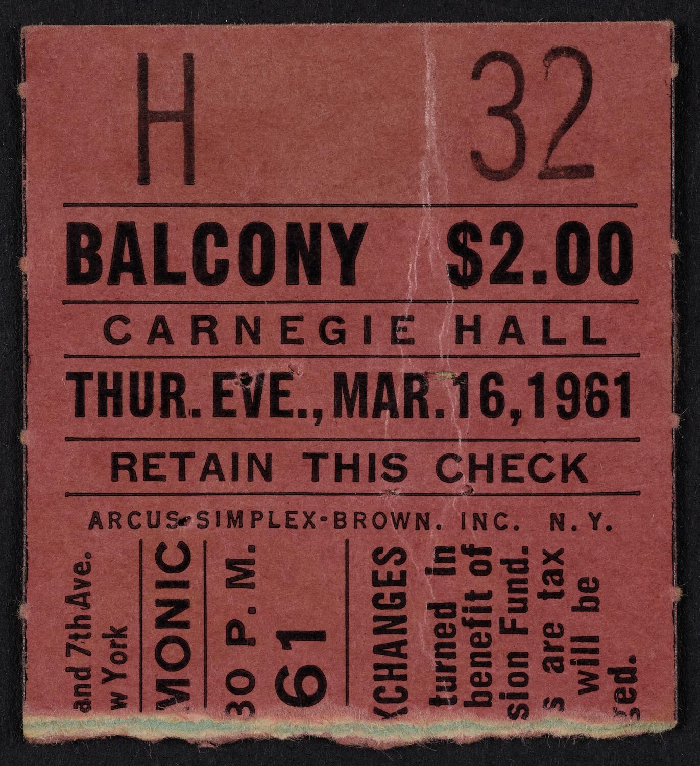 Ticket for New York Philharmonic, March 16, 1961 (front)