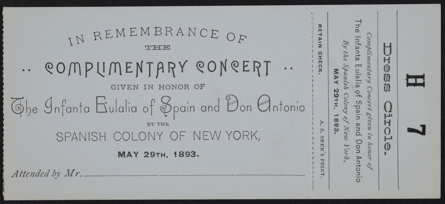 Ticket for Concert in Honor of the Infanta Eulalia of Spain and Don Antonio, May 29, 1893 (front)