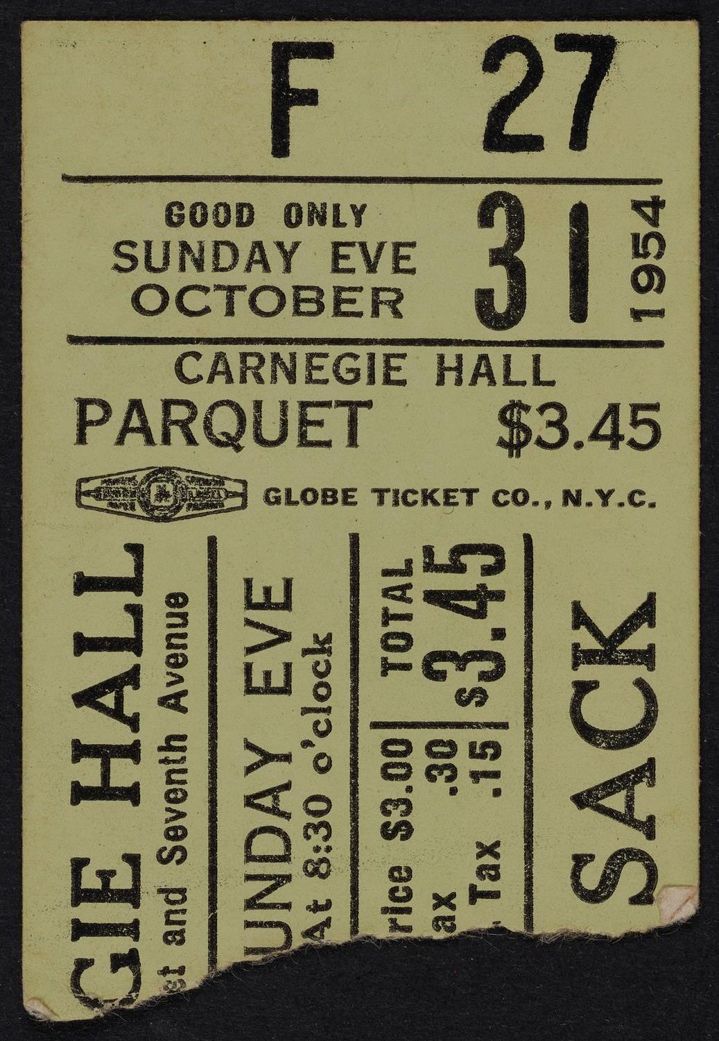 Ticket for Erna Sack, October 31, 1954 (front)
