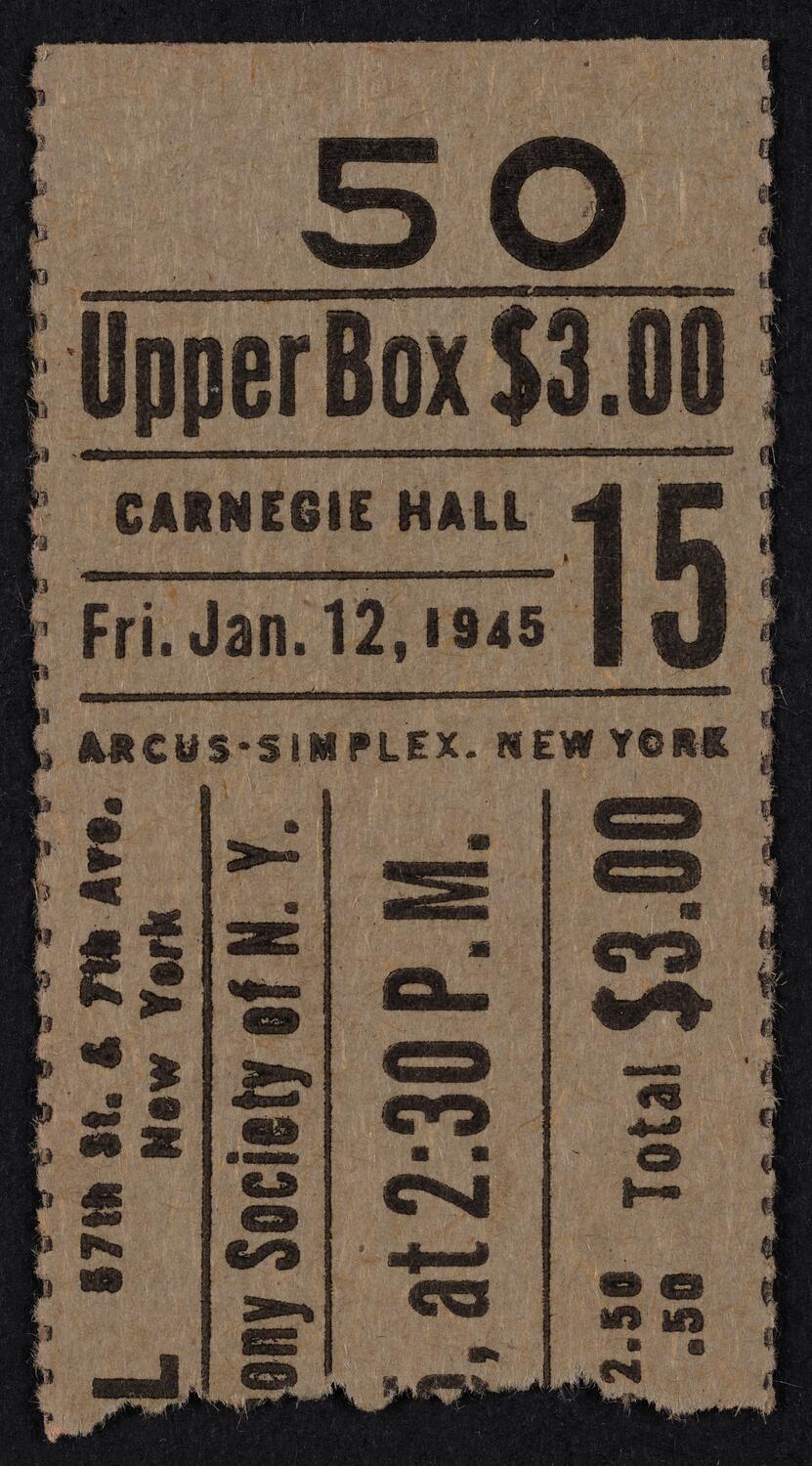 Ticket for Philharmonic Symphony Society of New York, January 12, 1945 (front)