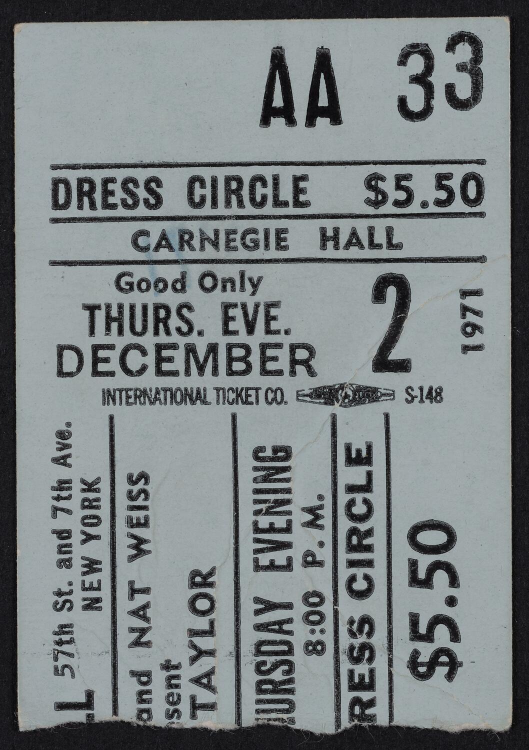 Ticket for James Taylor, December 2, 1971 (front)