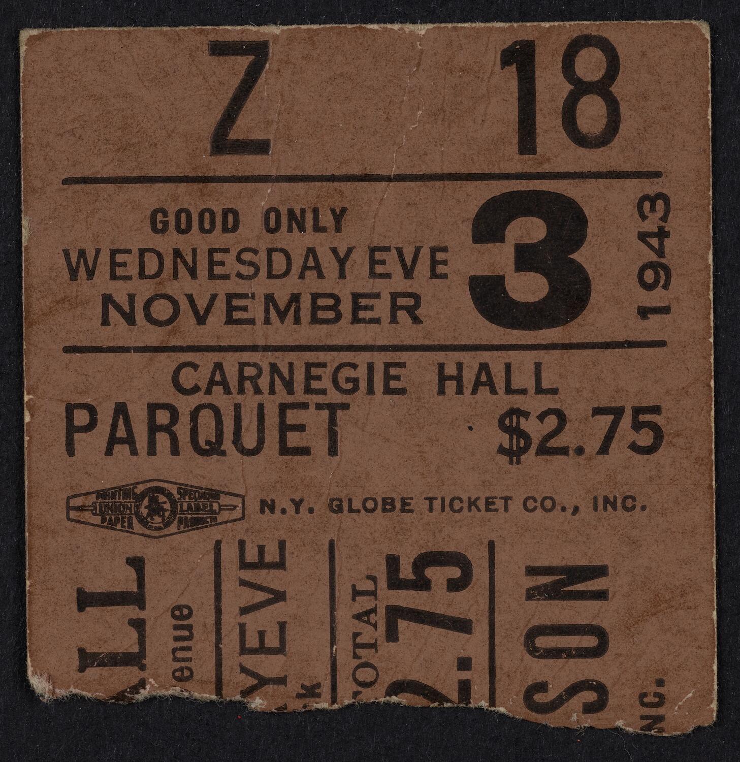 Ticket for Marian Anderson, November 3, 1943 (front)
