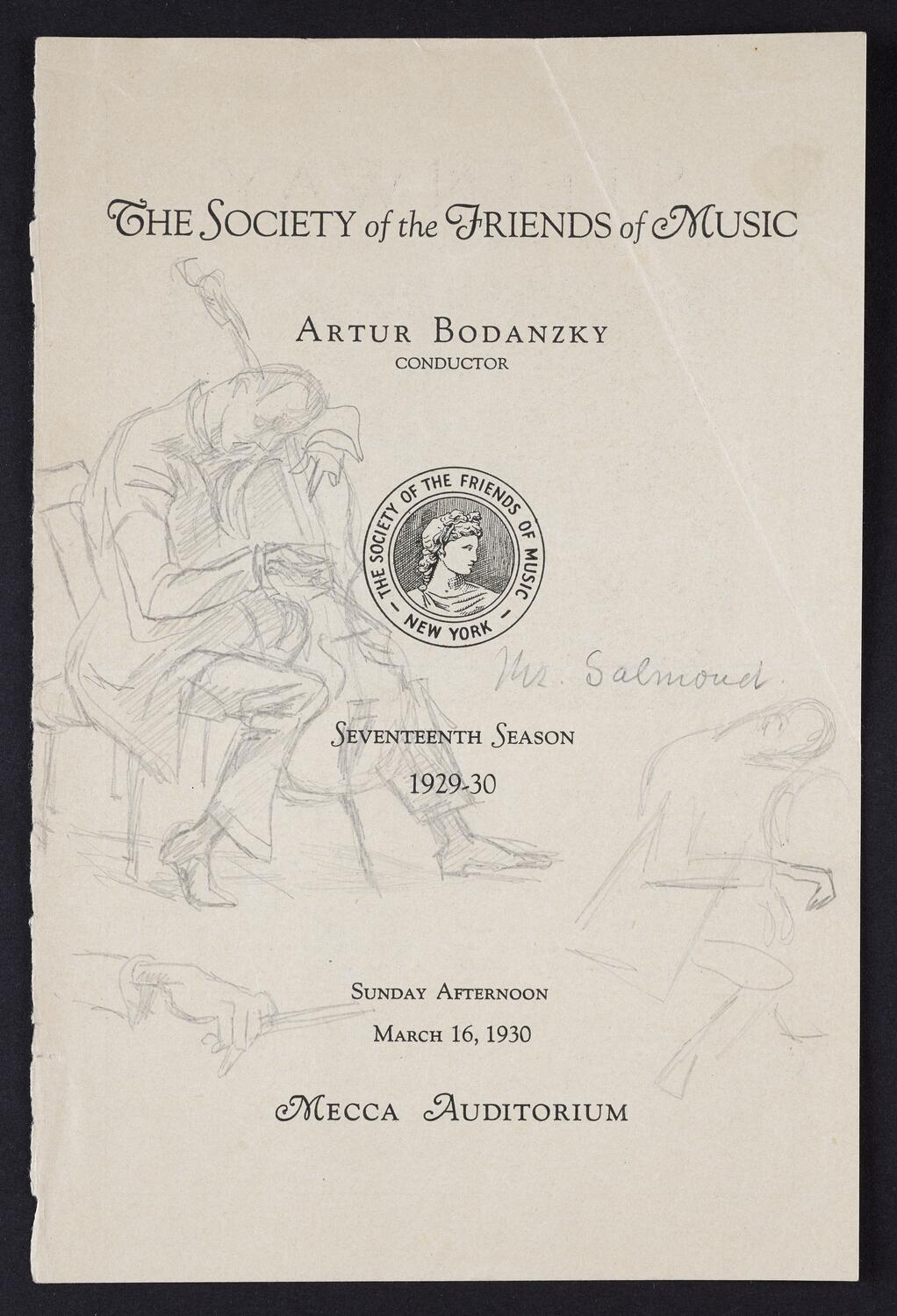 Sketches on concert program page of Felix Salmond playing the cello