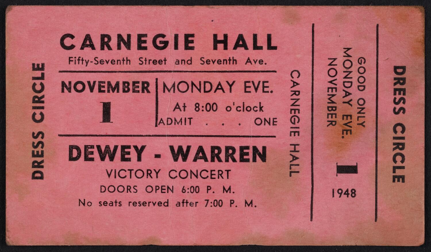 Ticket for Dewey-Warren Victory Concert, November 1, 1948 (front)
