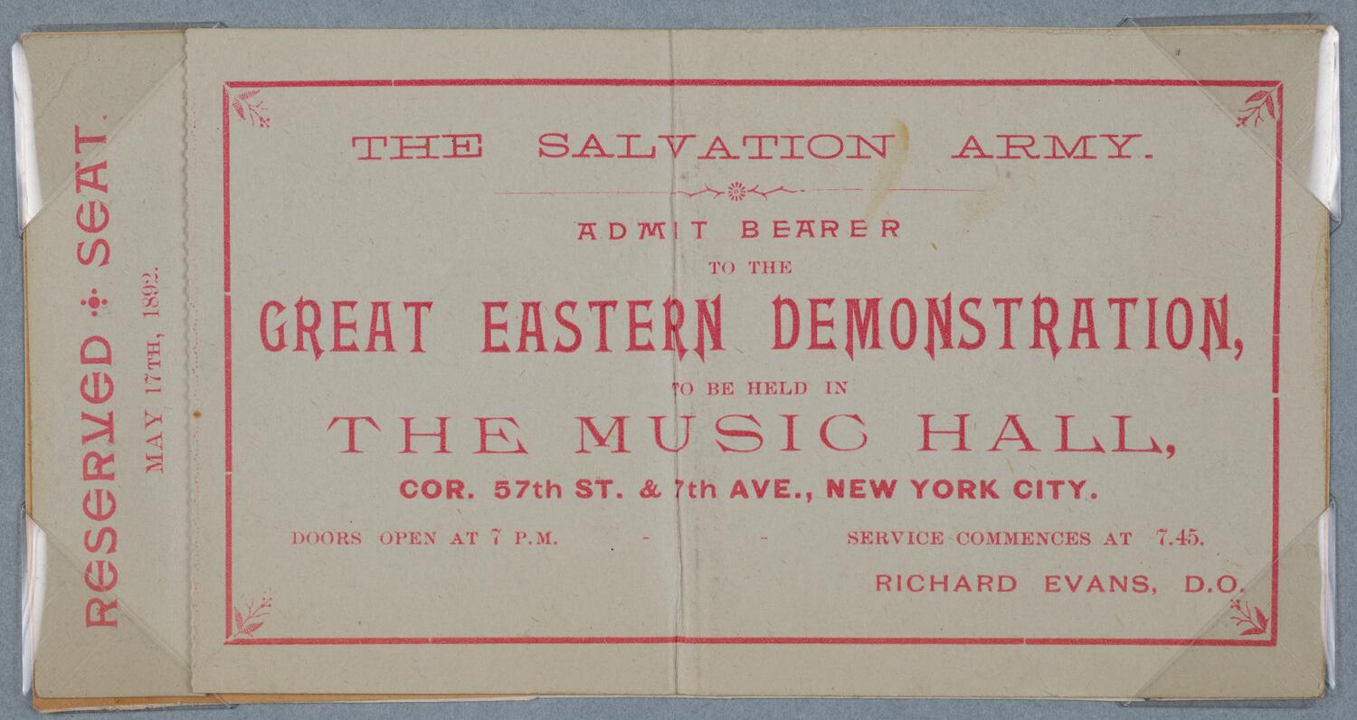 Ticket for The Salvation Army: Great Eastern Demonstration, May 17, 1892 (front)