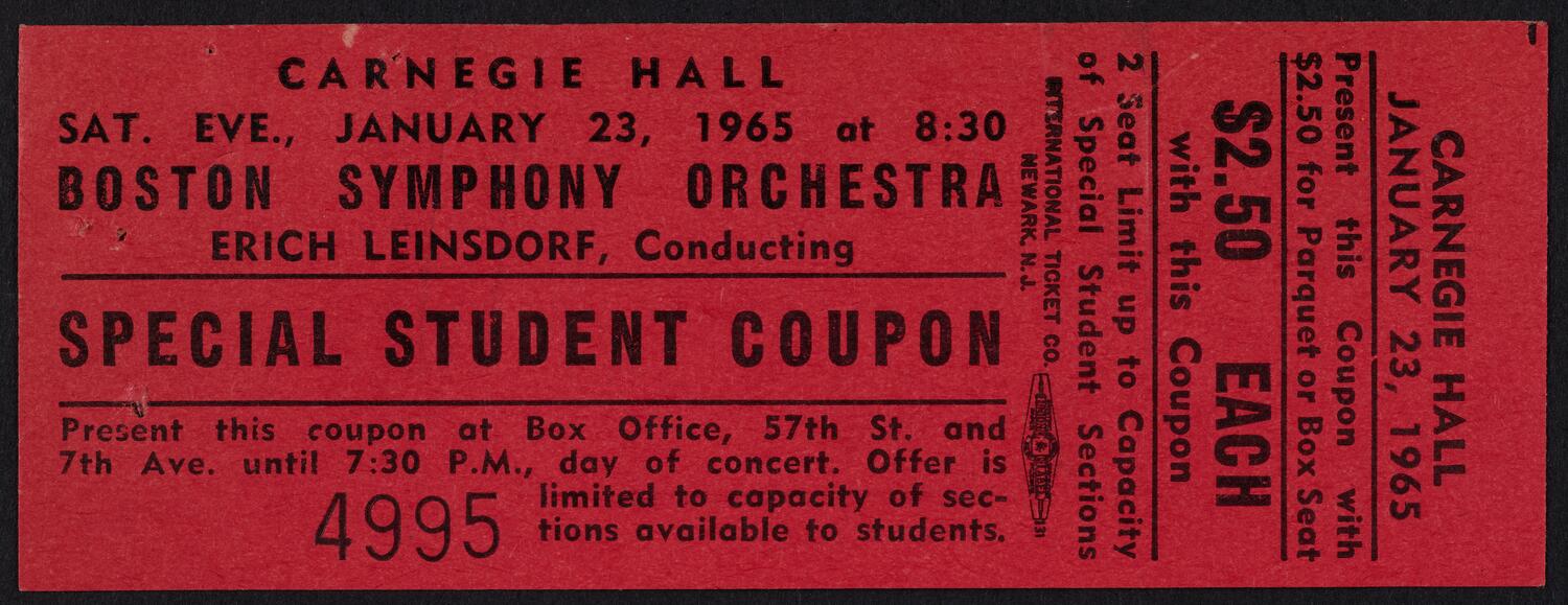 Ticket for Boston Symphony Orchestra, January 23, 1965 (front)