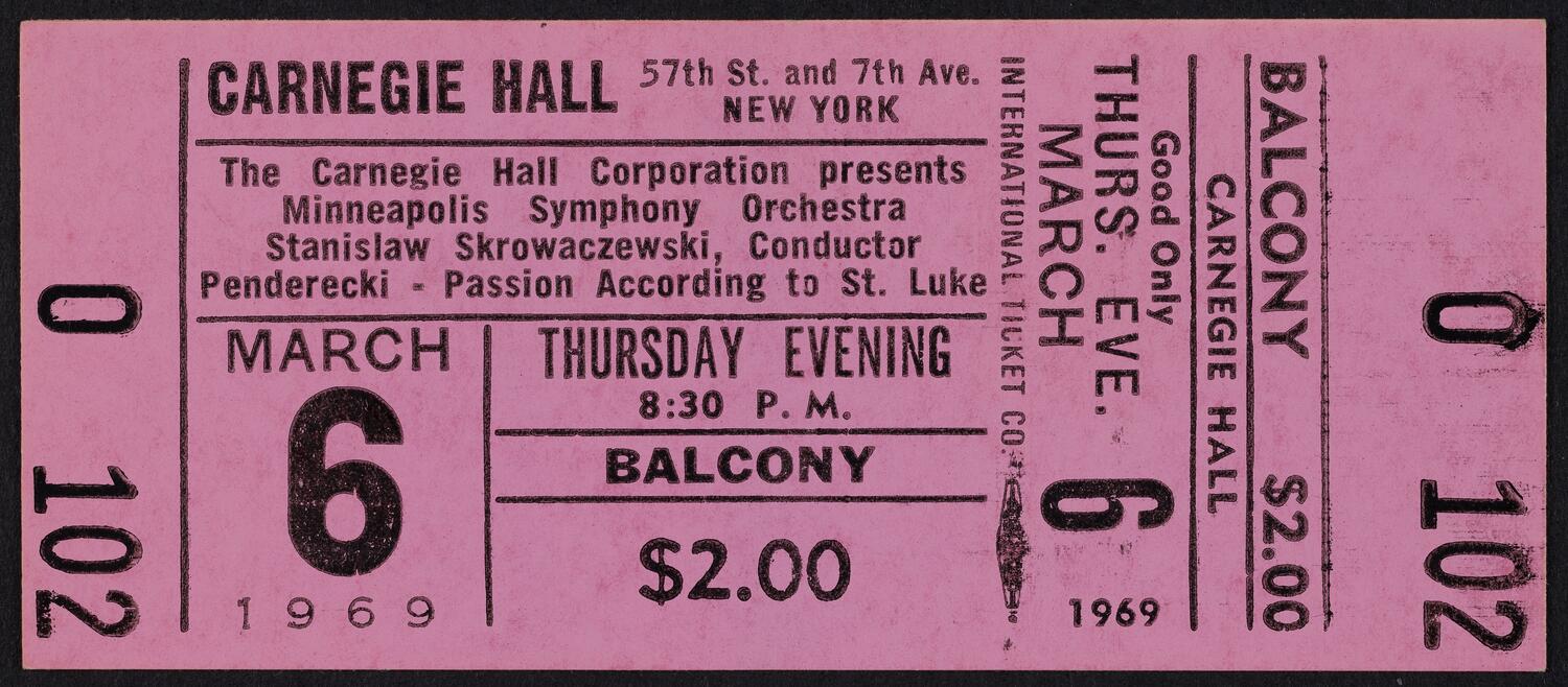 Ticket for Minneapolis Symphony Orchestra, March 6, 1969 (front)
