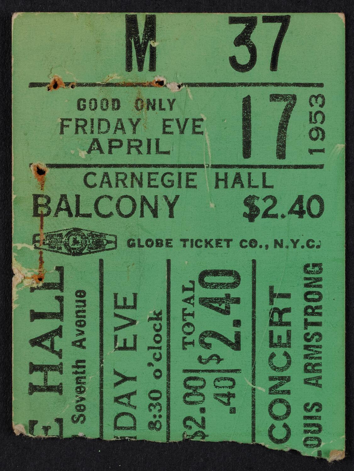 Ticket for Jazz Concert by Benny Goodman and Louis Armstrong, April 17, 1953 (front)