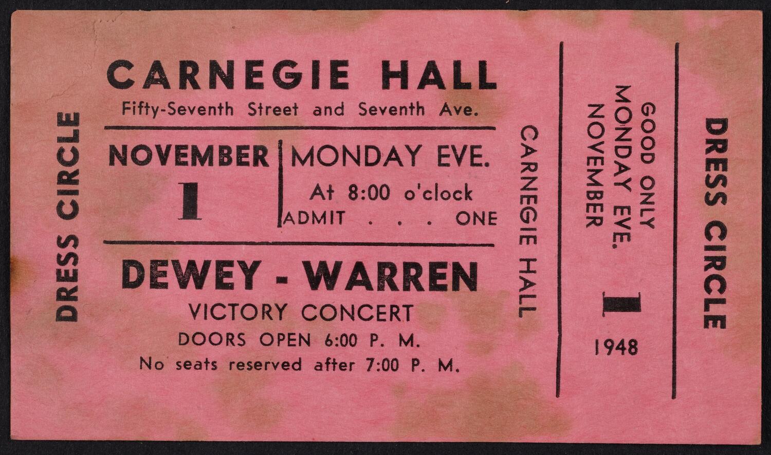 Ticket for Dewey-Warren Victory Concert, November 1, 1948 (front)
