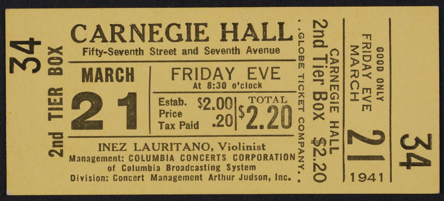 Ticket for Inez Lauritano, March 21, 1941 (front)