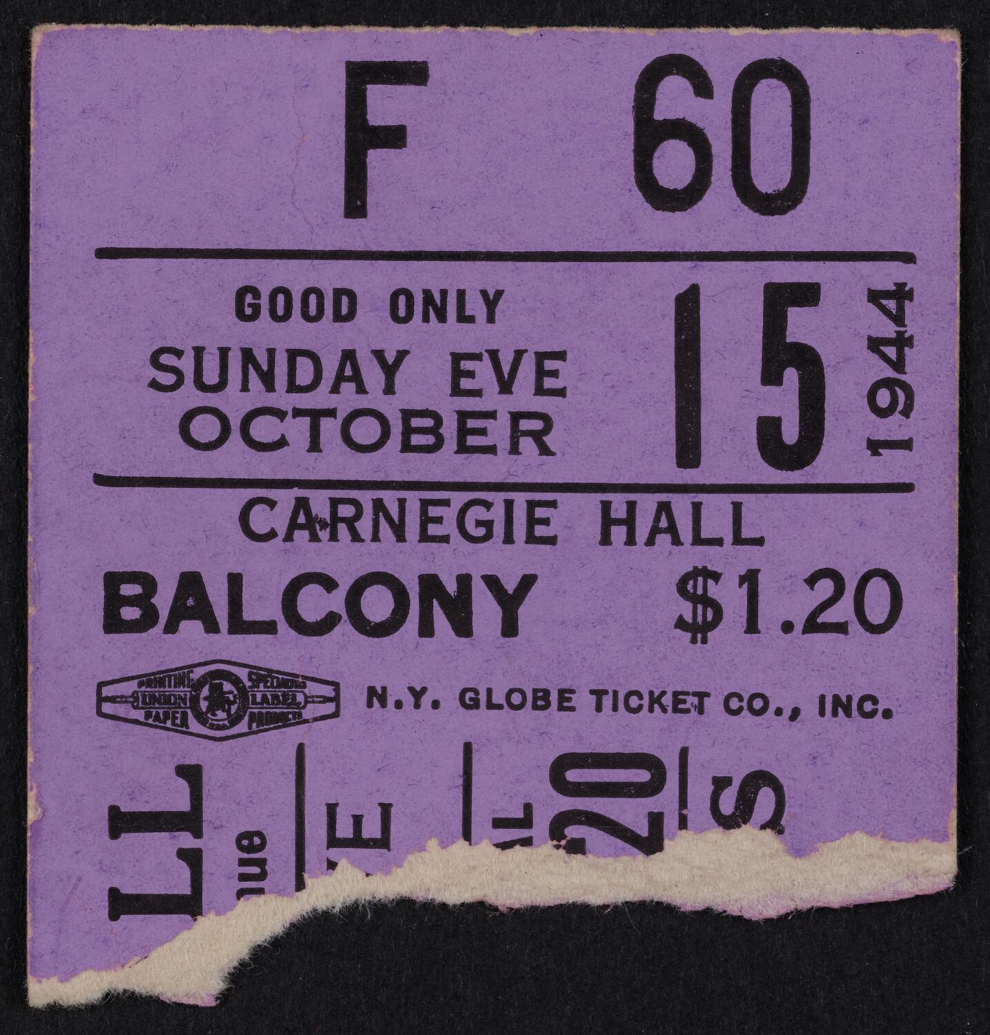 Ticket for Roland Hayes, October 15, 1944 (front)