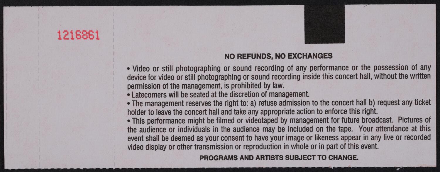 Ticket for Isaac Stern Chamber Music Master Classes, June 1, 1995 (back)
