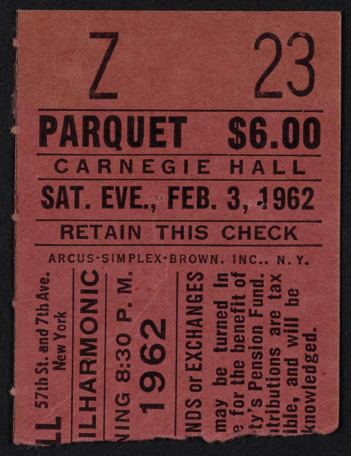 Ticket for New York Philharmonic, February 3, 1962 (front)