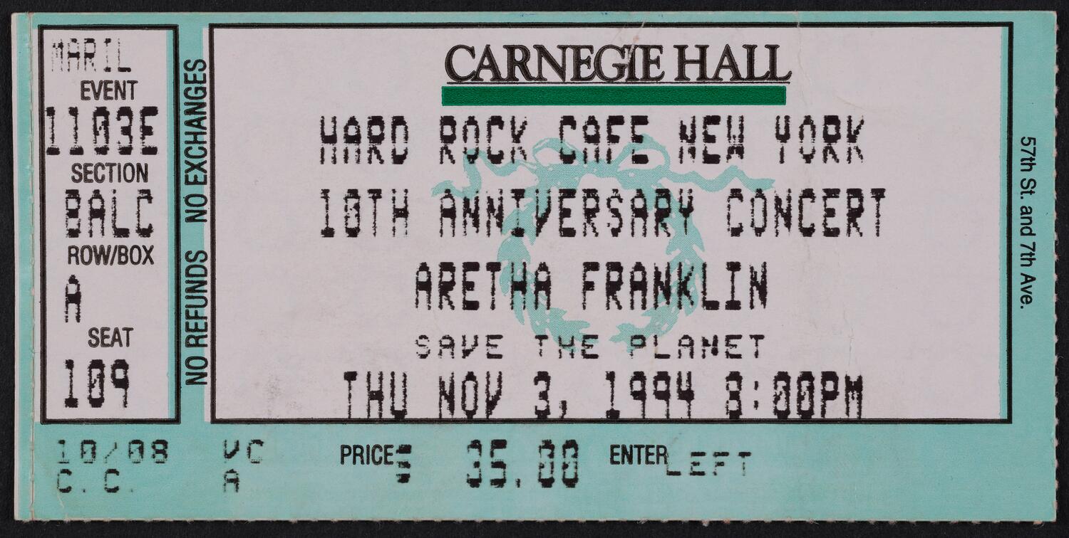 Ticket for Hard Rock Cafe New York 10th Anniversary Concert: Aretha Franklin, November 3, 1994 (front)