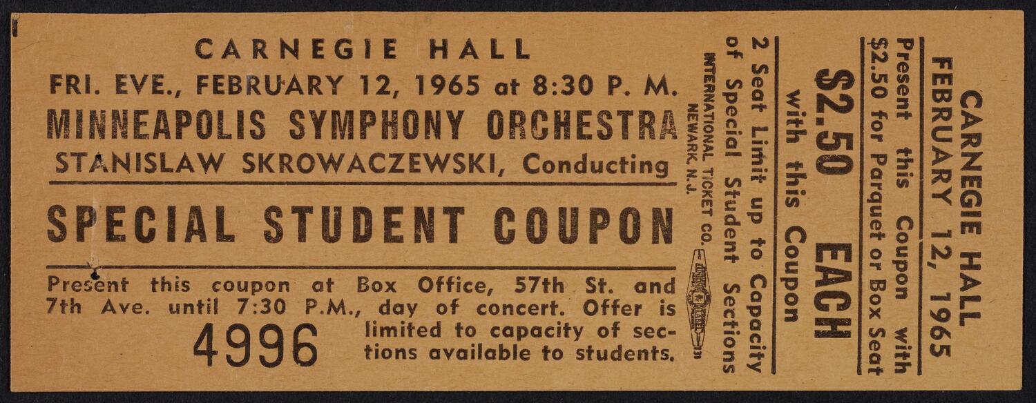 Ticket for Minneapolis Symphony Orchestra, February 12, 1965 (front)