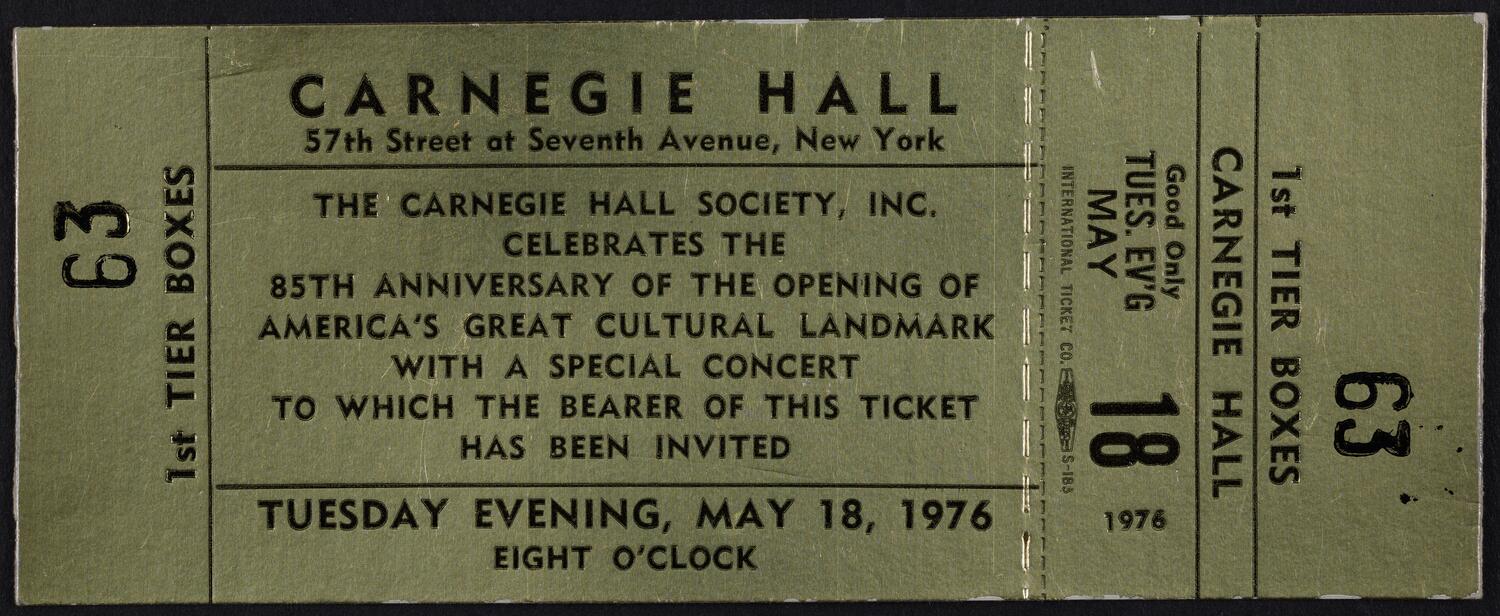 Ticket for Carnegie Hall's 85th Anniversary Concert, May 18, 1976 (front)