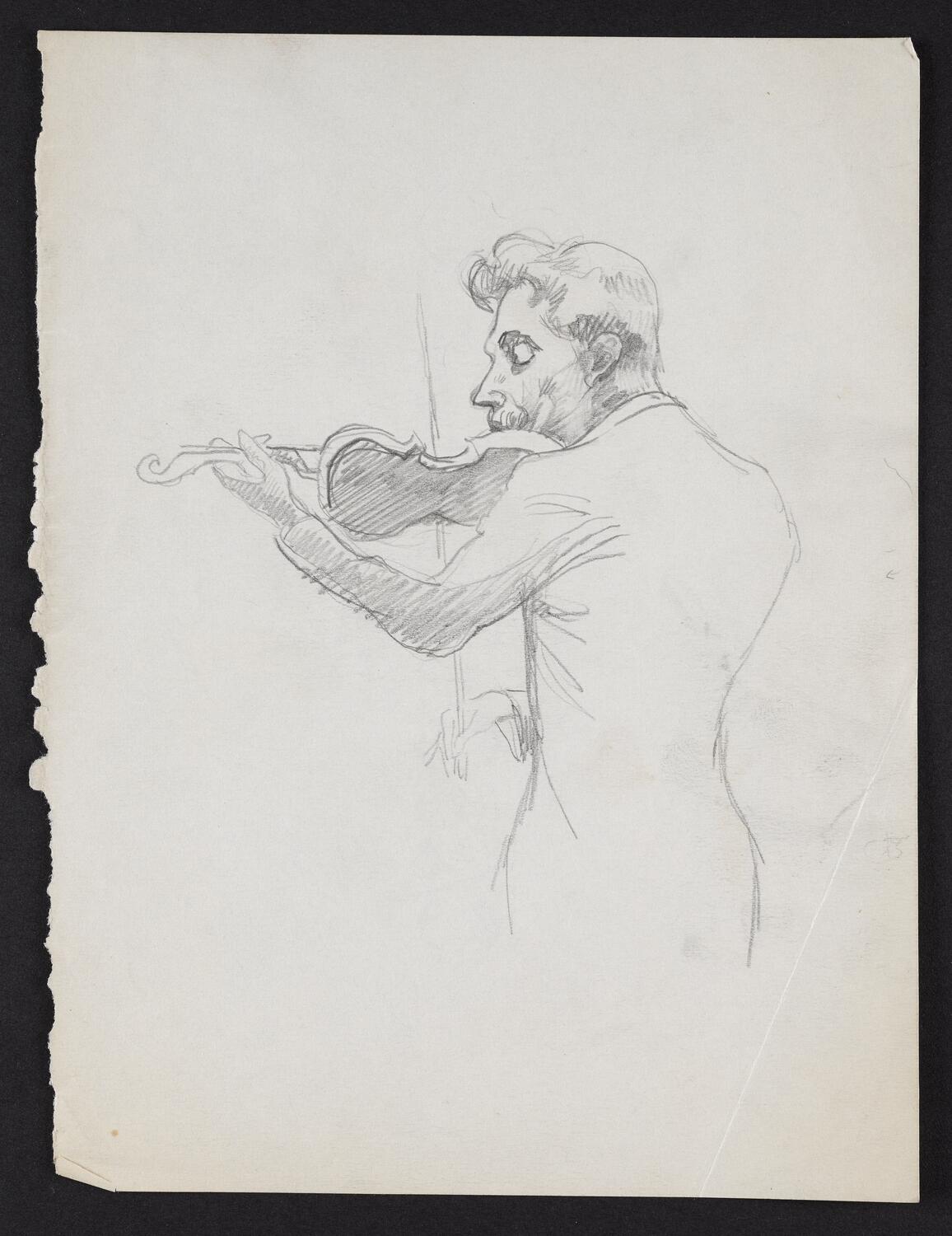 Sketch of Fritz Kreisler playing the violin, in profile facing left