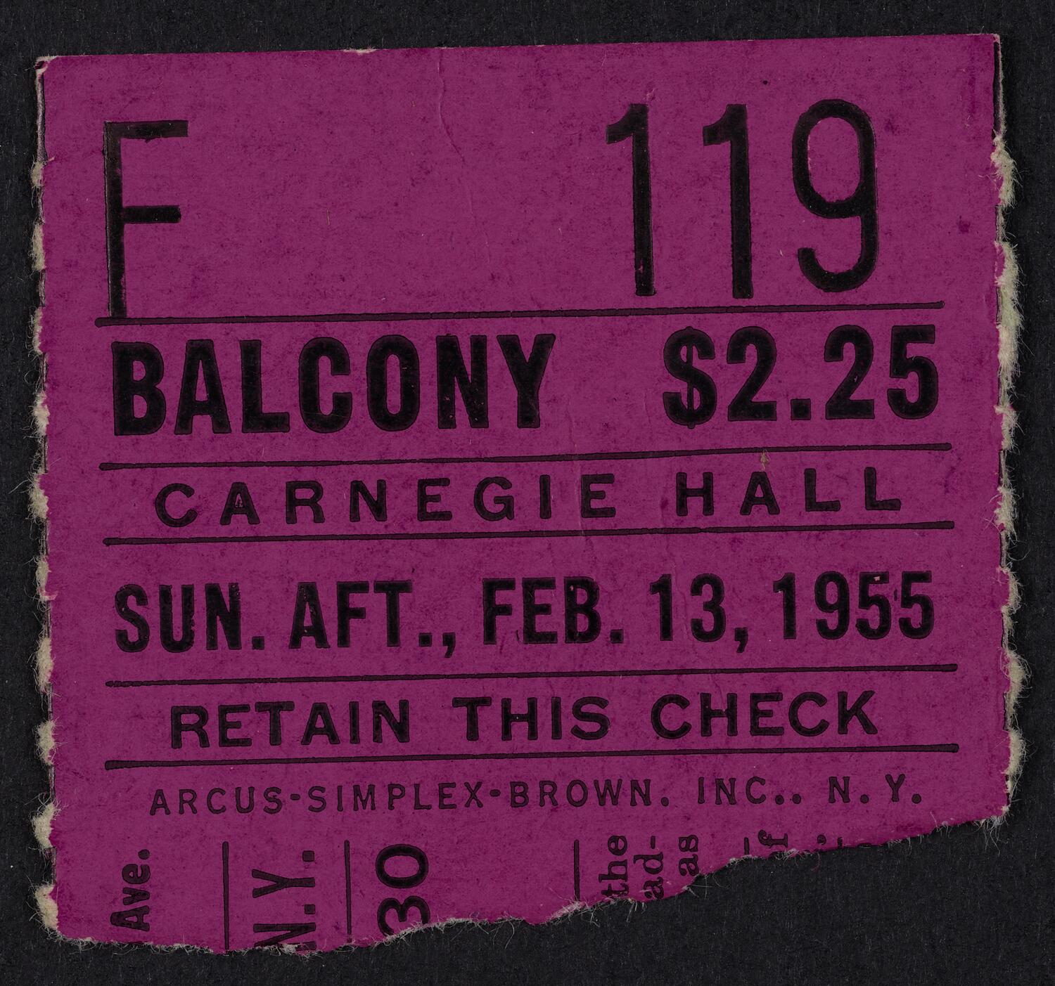 Ticket for New York Philharmonic, February 13, 1955 (front)