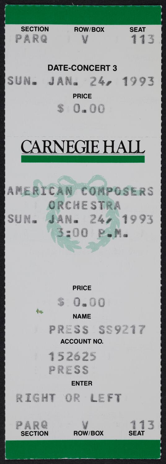 Ticket for American Composers Orchestra, January 24, 1993 (front)